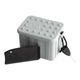 grey tub, wax comb, surf fin key on a white background