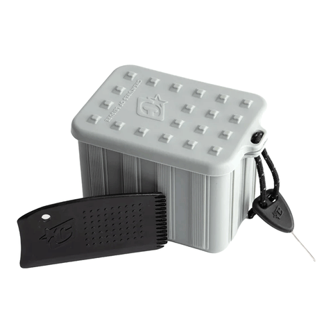 grey tub, wax comb, surf fin key on a white background