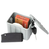 grey tub with lid off and 2 bars of wax in tub and wax comb and surf fin key on white background