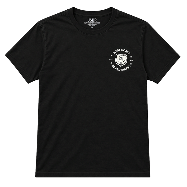 front of black t-shirt with white logo of a bear and says west coast board riders