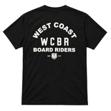 back of black t-shirt with white print that reads West Coast WCBR Board Riders