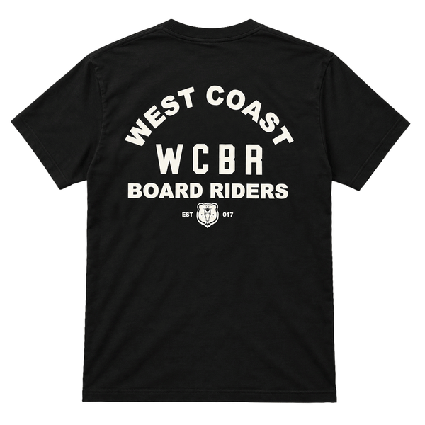back of black t-shirt with white print that reads West Coast WCBR Board Riders