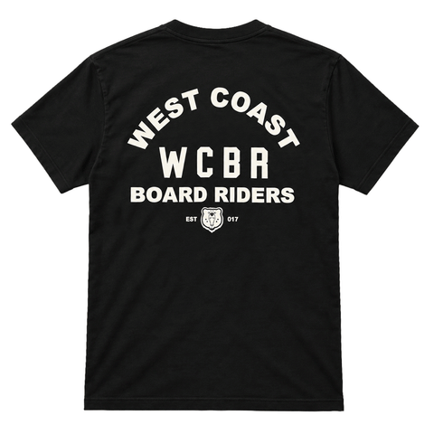 back of black t-shirt with white print that reads West Coast WCBR Board Riders
