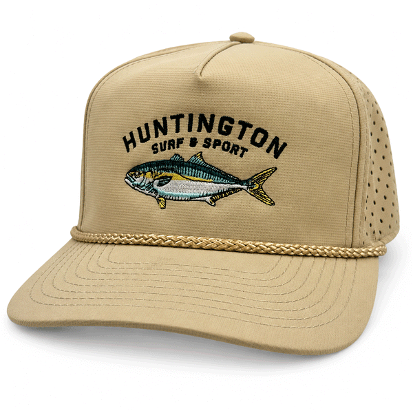 Beige cap with fish design and 'Huntington Surf & Sport' text on a white background